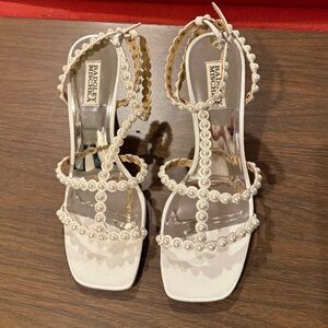 Badgley Mischka Ivory Pearl-Strap Open-Toe Heels